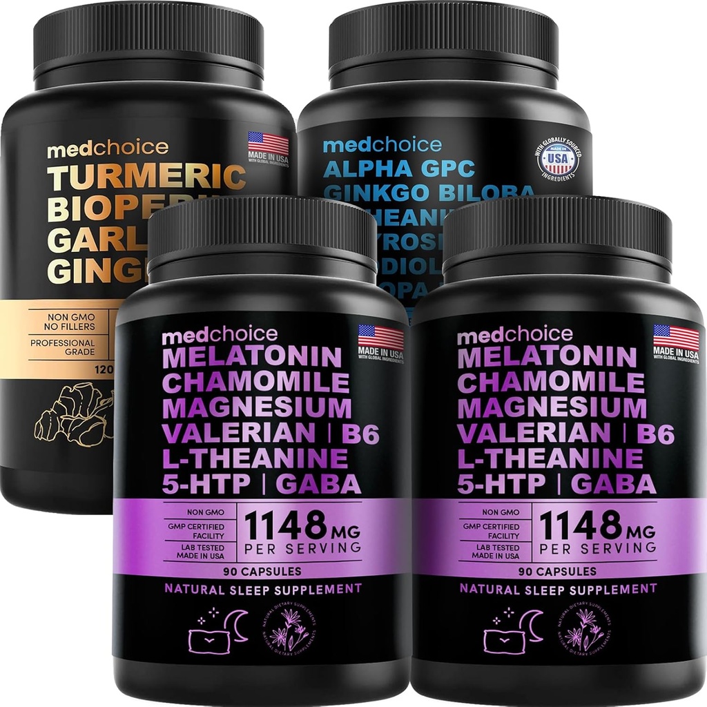 MEDCHOICE Gurkemeje & Ingefær (120ct), Sleep Melatonin (180ct), og Nootrope Brain (60ct) Supplement Bundle - Wellness Trio for Brain, Sleep, & immunforsvar - Vegan, Non- GMO, Gluten- Free