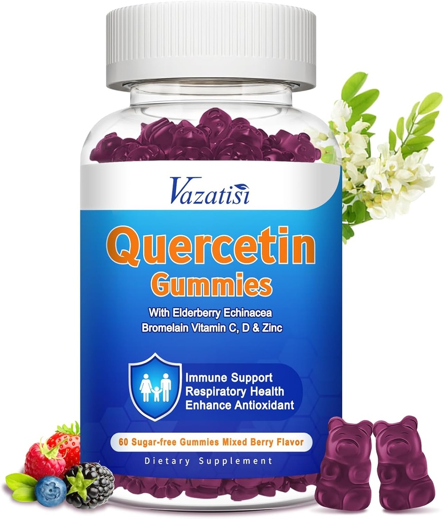 Quercetin med bromelain Gummies, Quercetin 1200MG med vitamin C Zink & Elderberry til immunsystem & Allergy, Chewable & Vegan Gummies, 60 Cts