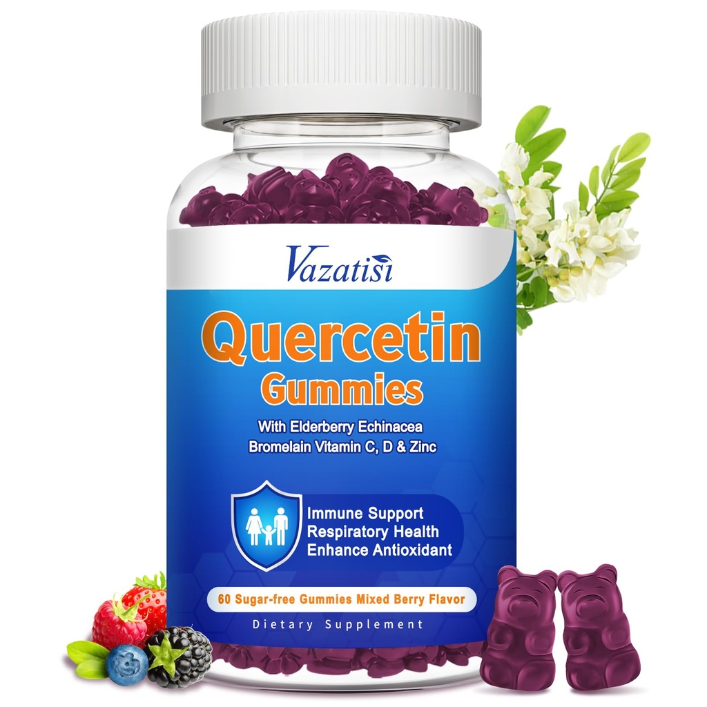 Quercetin med bromelain Gummies, Quercetin 1200MG med vitamin C Zink & Elderberry til immunsystem & Allergy, Chewable & Vegan Gummies, 60 Cts