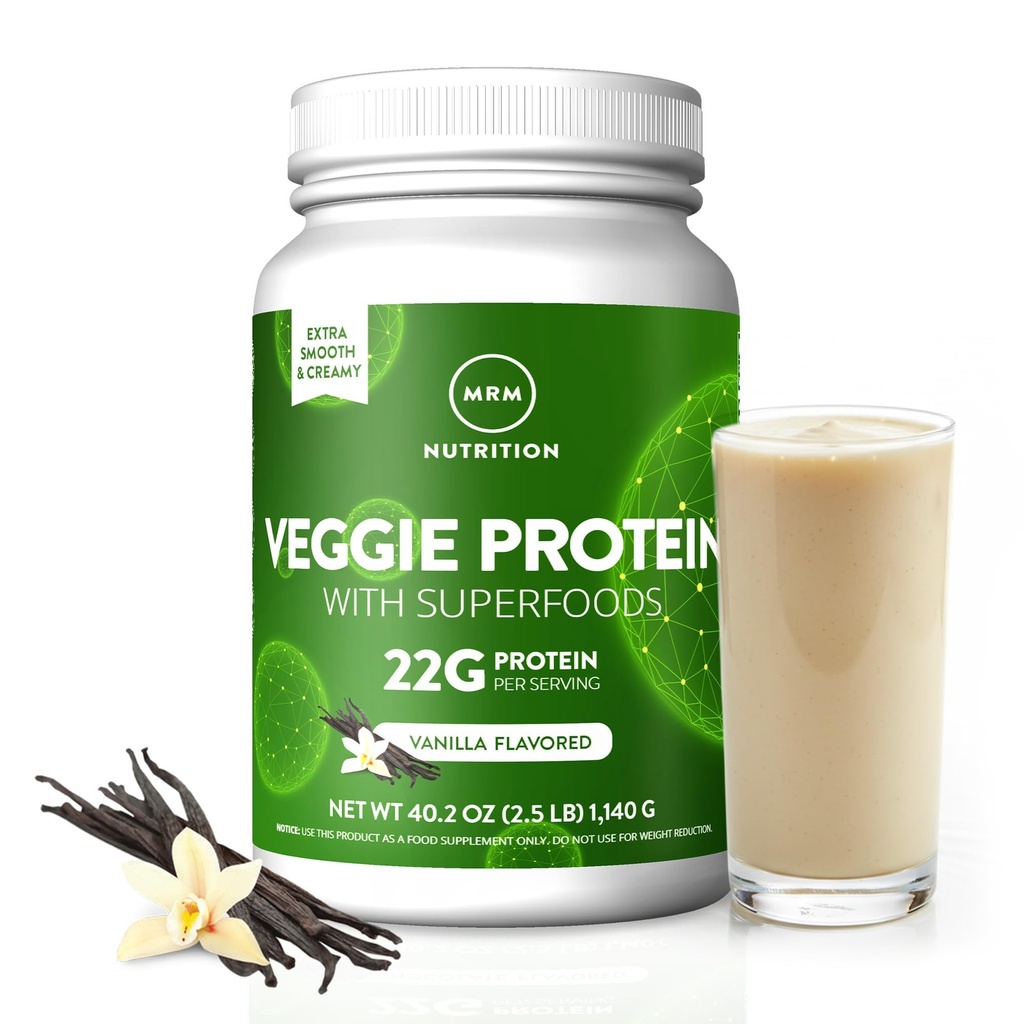 MRM Nutrition Veggie Protein med superfooderne var 124; Vanilla Flavored var 124; 22g Komplet protein var 124; Over 8,8g Essential Aminosyrer var 124; 13 superfooderne var 124; med Omega 3s og Omega6s var 124; Keto Venlig var 124; 33 Servering