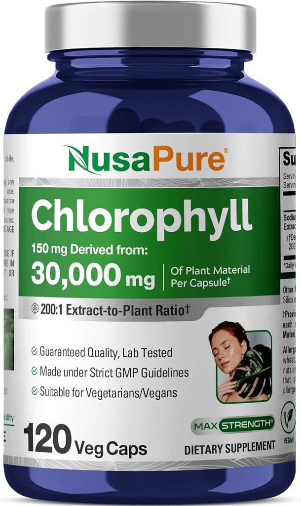 NusaPure Chlorophyll 200: 1 Extract, 150 mg Ækvivalent med 30. 000 mg per kapsel 120 Vegetarisk Caps (ikke- GMO, Vegan)