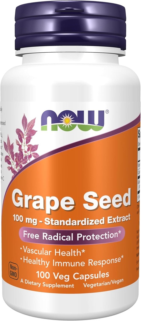Now Supplements, Grape Seed 100 mg - Standardized Extract, Meget koncentreret ekstrakt med et minimum af 90% polyphenoler, med vitamin C, 100 Veg kapsler