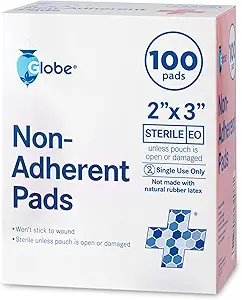 Globe Sterile Non-Adherent Pads, (100-Pack), 2” x 3” Non-Adhesive Wound Dressing. Highly Absorbent & Non-Stick, Painless Removal-Switch. Individually Wrapped for Extra Protection (2 x 3)
