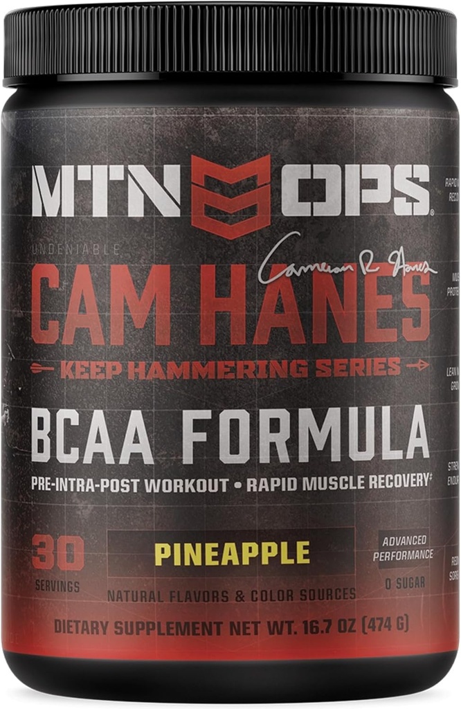 MTN OPS Cameron Hanes BCAA Powder Keep Hammering Series, 2:1:1 Amino Acids Supplement Powder for Rapid Muscle Recovery & Repair with Zero Sugar & Gluten Free - 30-Serving Tub