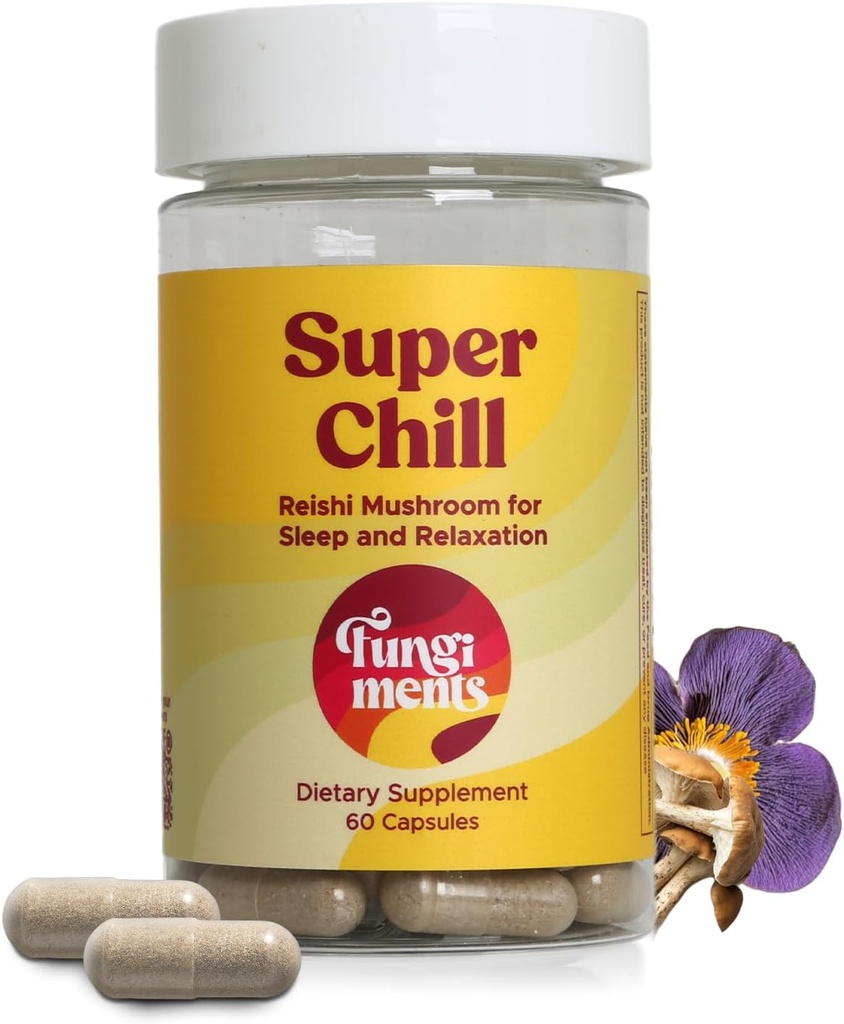 Fungiments Super Chill - Mushroom Supplement - Reishi Mushroom, Ashwagandha, Cortizol, L- Theanine, Passion Flower - Mindre stress og bedre søvn (60 kapsler)