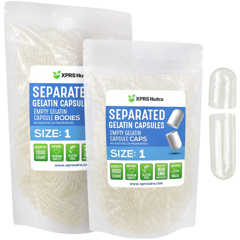 XPRS Nutra Størrelse 1 Gelatine adskilte kapsler - 1000 Tomme piller kapsler adskilt i poser - Clear Tomme piller til dig Do- It- Yourself Supplement Fyldning
