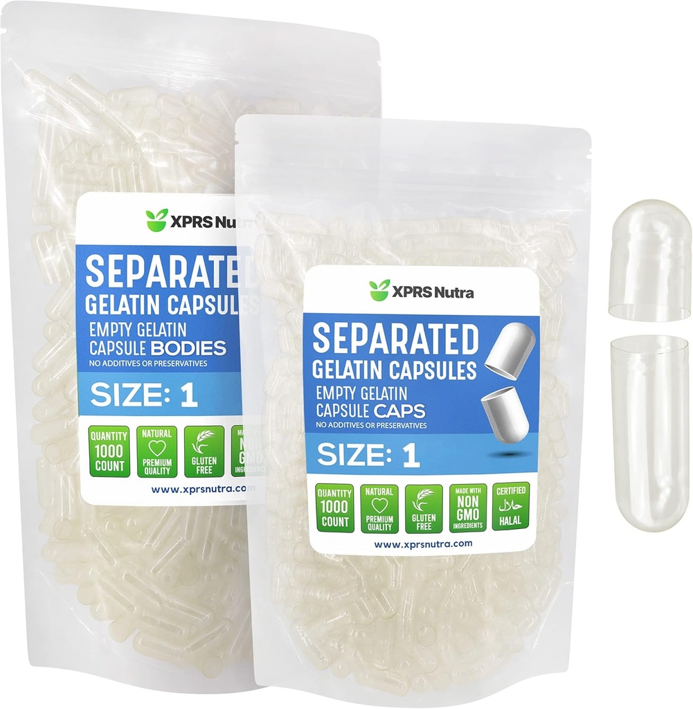 XPRS Nutra Størrelse 1 Gelatine adskilte kapsler - 1000 Tomme piller kapsler adskilt i poser - Clear Tomme piller til dig Do- It- Yourself Supplement Fyldning