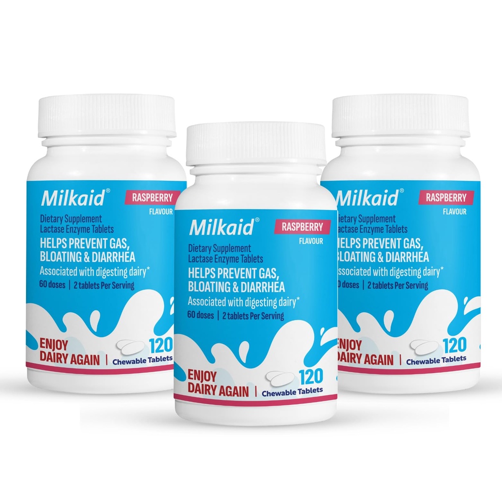 Milkaid Lactase Enzyme tyggetabletter til laktose intolerance Relief 124; Forhindrer gas, Bloating & Diarré Note 124; Hurtig fungerende Dairy fordøjelsestilskud (360 tabletter, hindbær)