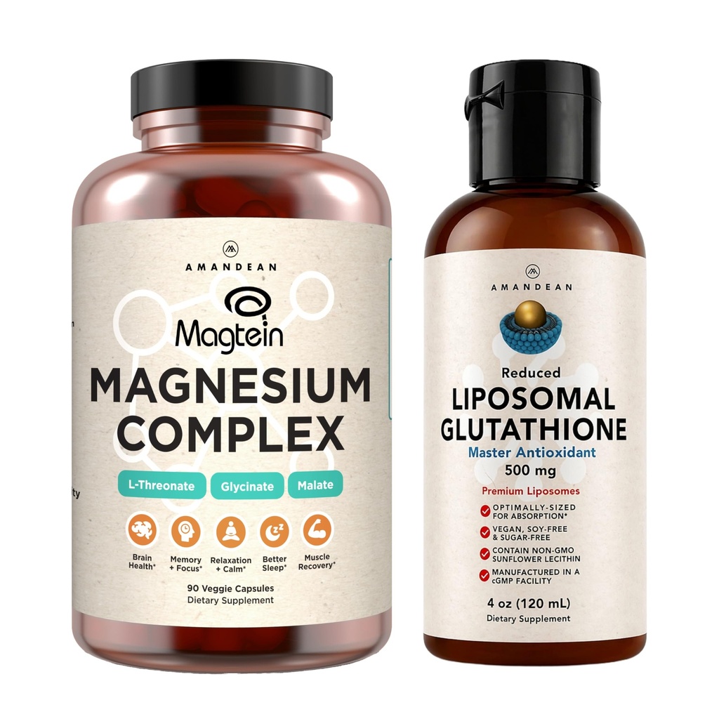 AMANDEAN Premium Liposomal Glutathion & Magnesium Complex Bundle. Antioxidant. Flydende Setria. High- Absorption Magnesium Threonat, Glycinate & Malat. Hjerne og lever sundhed. Hukommelse, fokus og søvn