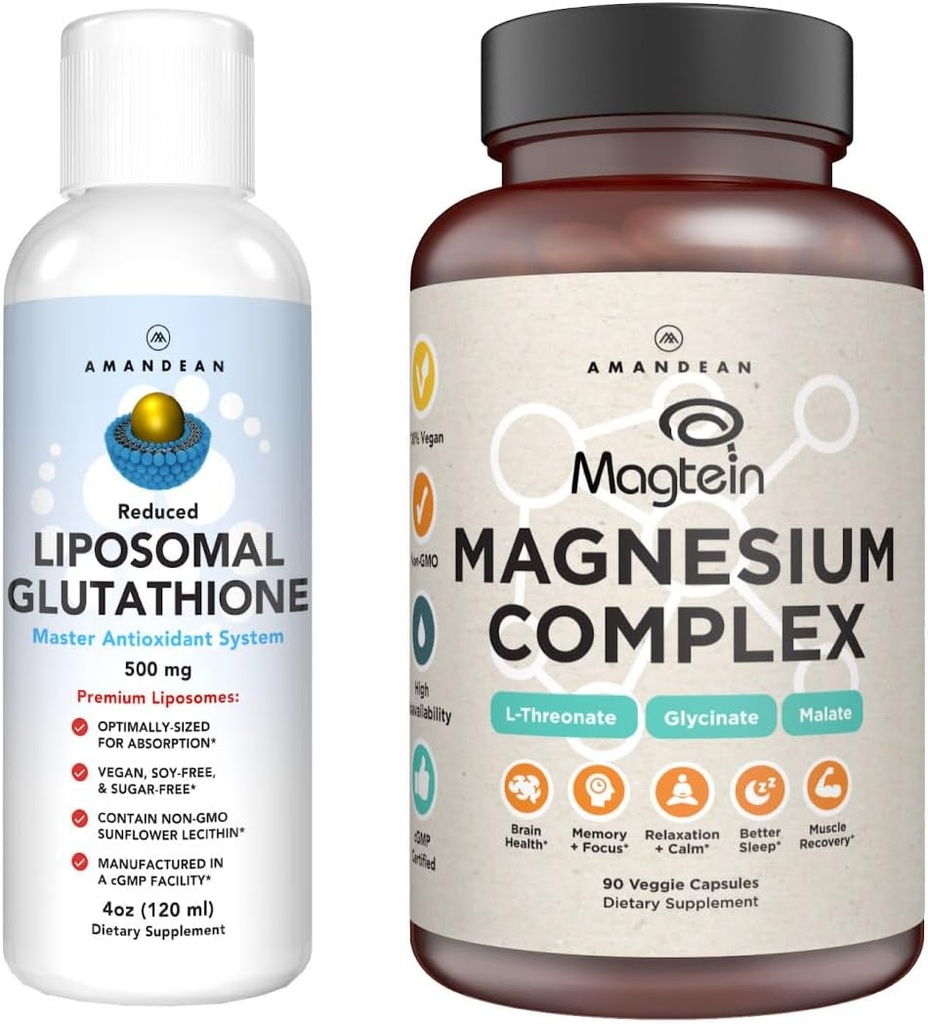AMANDEAN Premium Liposomal Glutathion & Magnesium Complex Bundle. Antioxidant. Flydende Setria. High- Absorption Magnesium Threonat, Glycinate & Malat. Hjerne og lever sundhed. Hukommelse, fokus og søvn