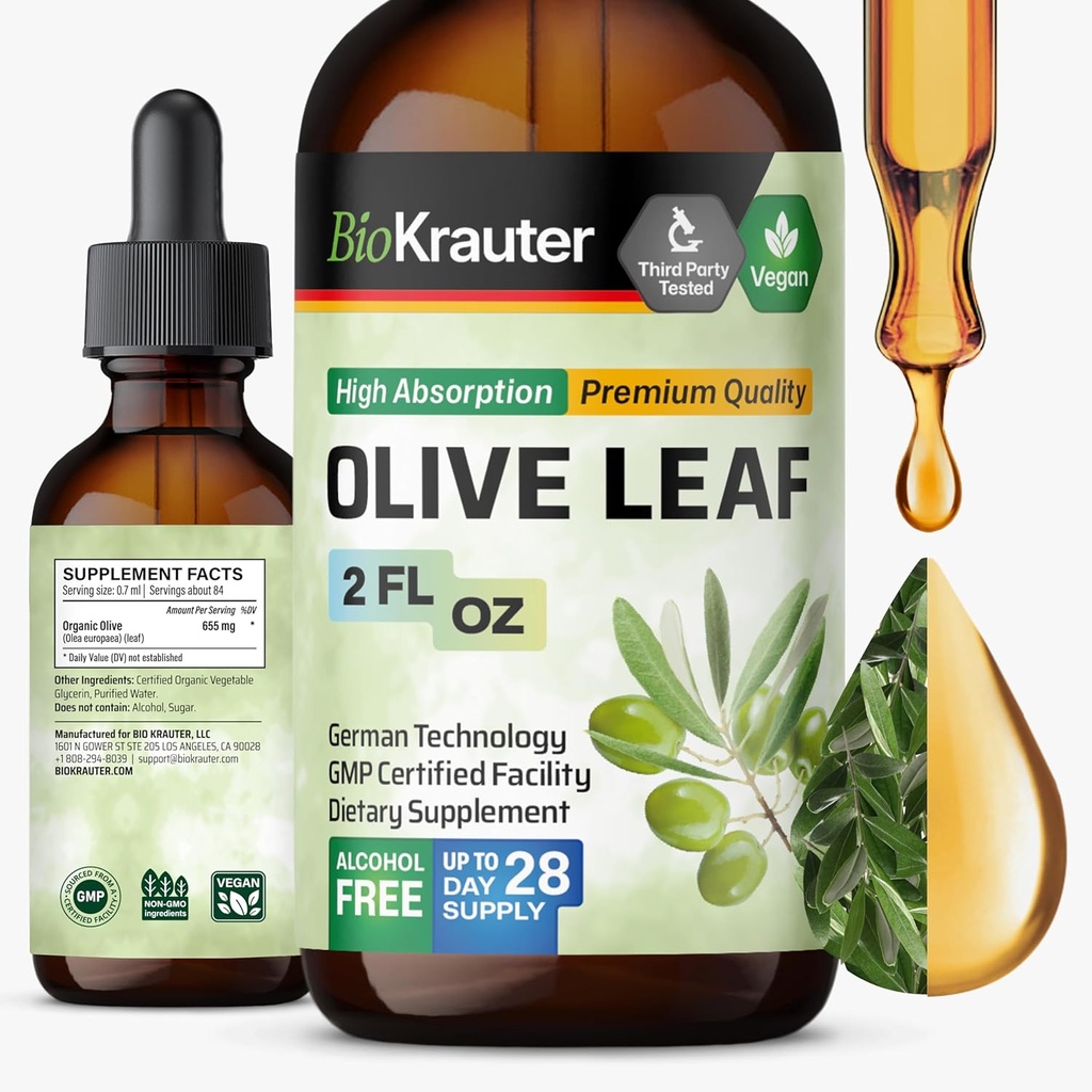BIO KRAUTER Olive Leaf Extract Liquid - Olive Leaf Tinktur til immunstøtte - Alkohol og sukker gratis - Vegan Drops 2 Fl.Oz.
