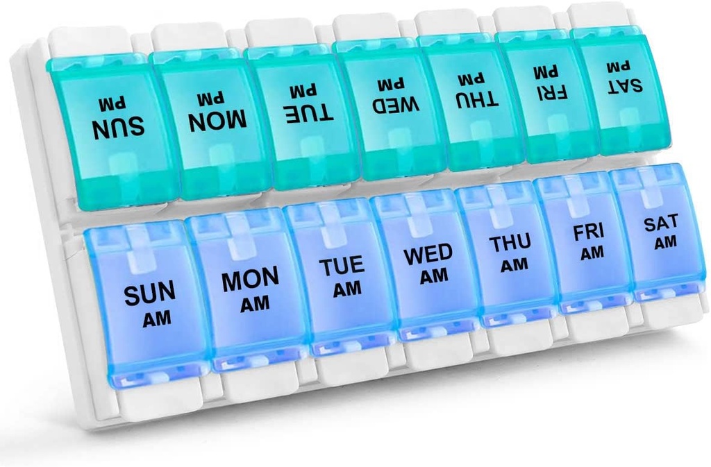 Sukuos AM PM Weekly 7 Day Pill Organizer, 2 gange en dag Pill Box med Gigt venlig trykknap, Medicin sager for Vitamin / Fish Oil / Kosttilskud, Let at rengøre (Cyan & Blue)