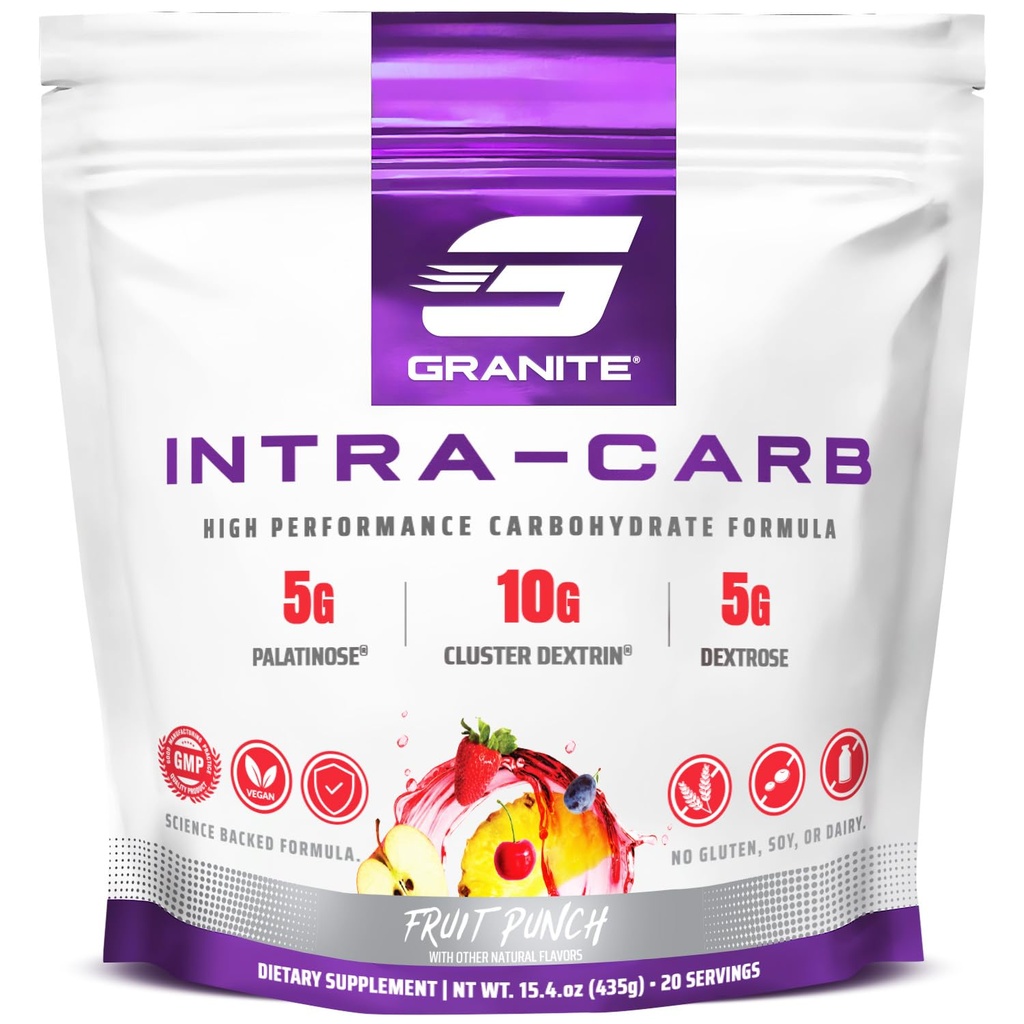 Granite Intra Carb pulver, Frugt Punch Flavor, High- Performance Carbohydrat Blend med Cluster Dextrin, Palatinose, & Dextrose, Understøtter energi og uddannelse (20 Servere)