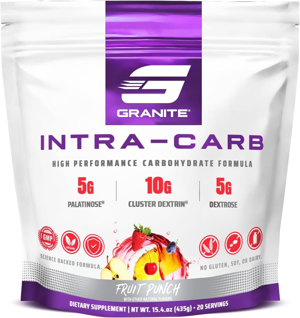 Granite Intra Carb pulver, Frugt Punch Flavor, High- Performance Carbohydrat Blend med Cluster Dextrin, Palatinose, & Dextrose, Understøtter energi og uddannelse (20 Servere)