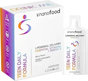 Kodeage Multivitaminer For Teens, Flydende C-vitamin for Teenagere, Vitamin A B6 B12 D3 E For børn, Biotin Zink Omega-3 Folate, Liposomal Vitamin Supplement, One Daily Sachet, Vegan, Non- GMO, 30 Pouches