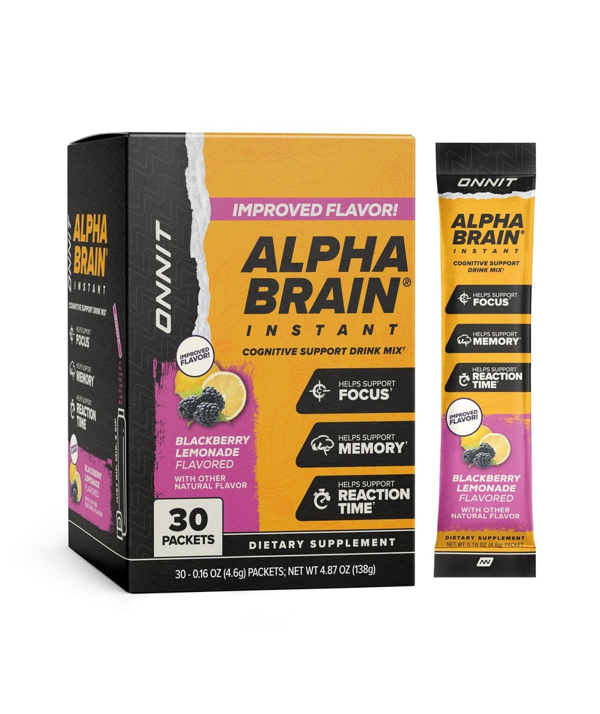 ONNIT Alpha Brain Instant Cognitive Support Drink Mix, BlackBerry Lemonade Flavor, Nootrop Supplement for fokus, hukommelse og klarhed, 0.13 oz Pakker, 30 Greve