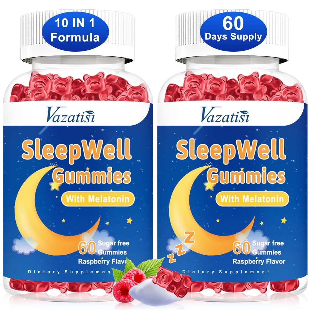 Sovegummi til voksne og børn - Sukker fri Melatonin Gummier med Magnesium, L- Theanin, Vitamin B12, Vegan - Raspberry Flavored, 120 Cts
