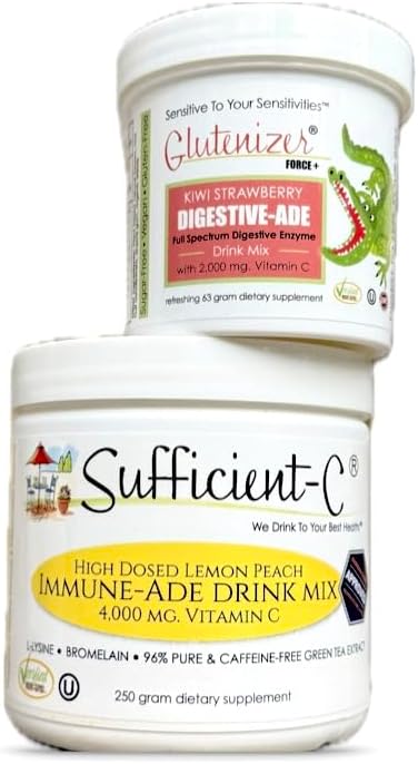 Sufficient- C 250 gram Lemon Peach Immunie- ade Drink Mix & Glutenizer Force Plus Kiwi Jordbær Digitale Drink Mix - Bundle Savings