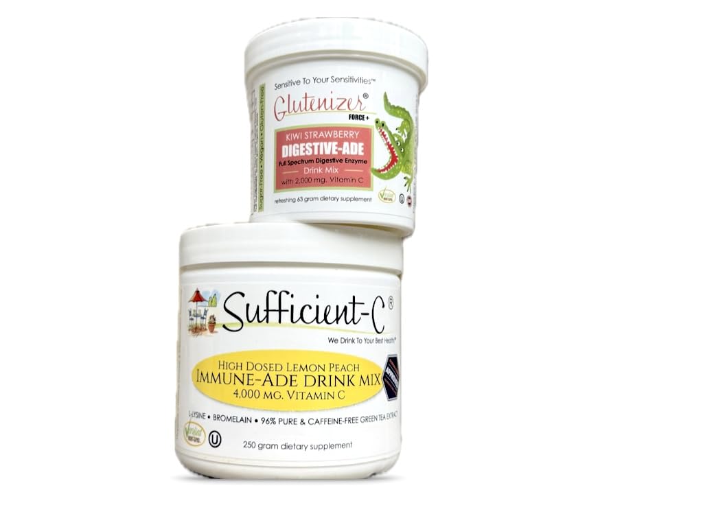 Sufficient-C 250 gram Lemon Peach Immune-ade Drink Mix & Glutenizer Force Plus Kiwi Strawberry Digestive-ade Drink Mix - Bundle Savings