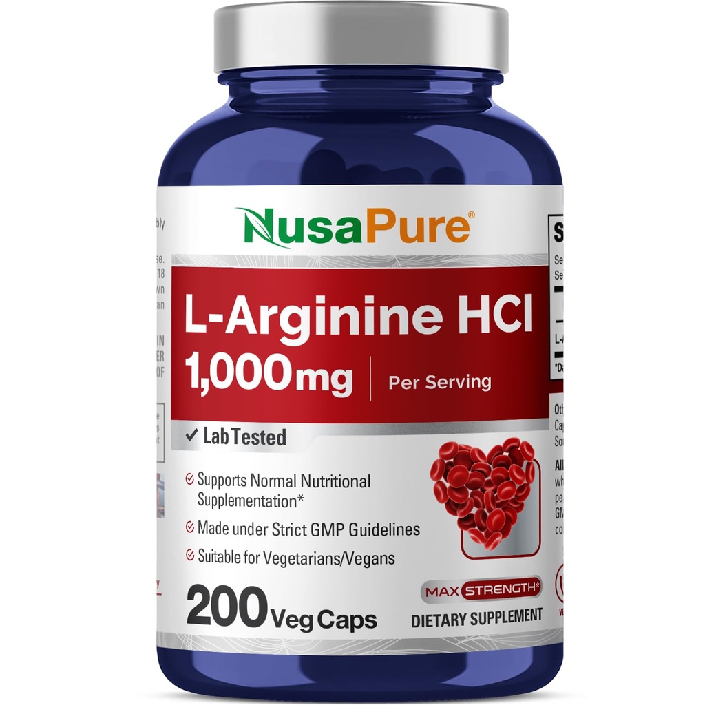 NusaPure L- Arginin 1000 mg 200 Veggie kapsler (ikke- GMO, Vegetarisk, Vegansk)