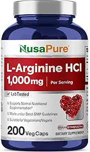 NusaPure L- Arginin 1000 mg 200 Veggie kapsler (ikke- GMO, Vegetarisk, Vegansk)