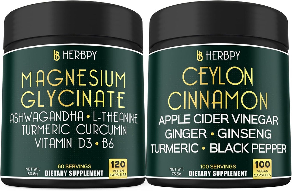 Bundle 6in1 Magnesium Glycinat Kosttilskud & 6in1 Premium Ceylon Kanel Kosttilskud - Afslapning, afslappende dag & nat, immunforsvar, hjerte, fordøjelse & Kropsbalance Support