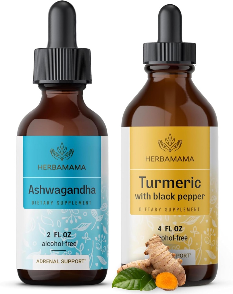 HERBAMAMA Herbal Liquid Drops Kit - Bundle of Ashwagandha Root Extract & Turmeric with Black Pepper Tincture 2 fl oz - Vegan, Non-GMO, Sugar & Alcohol-Free - 2 Pack