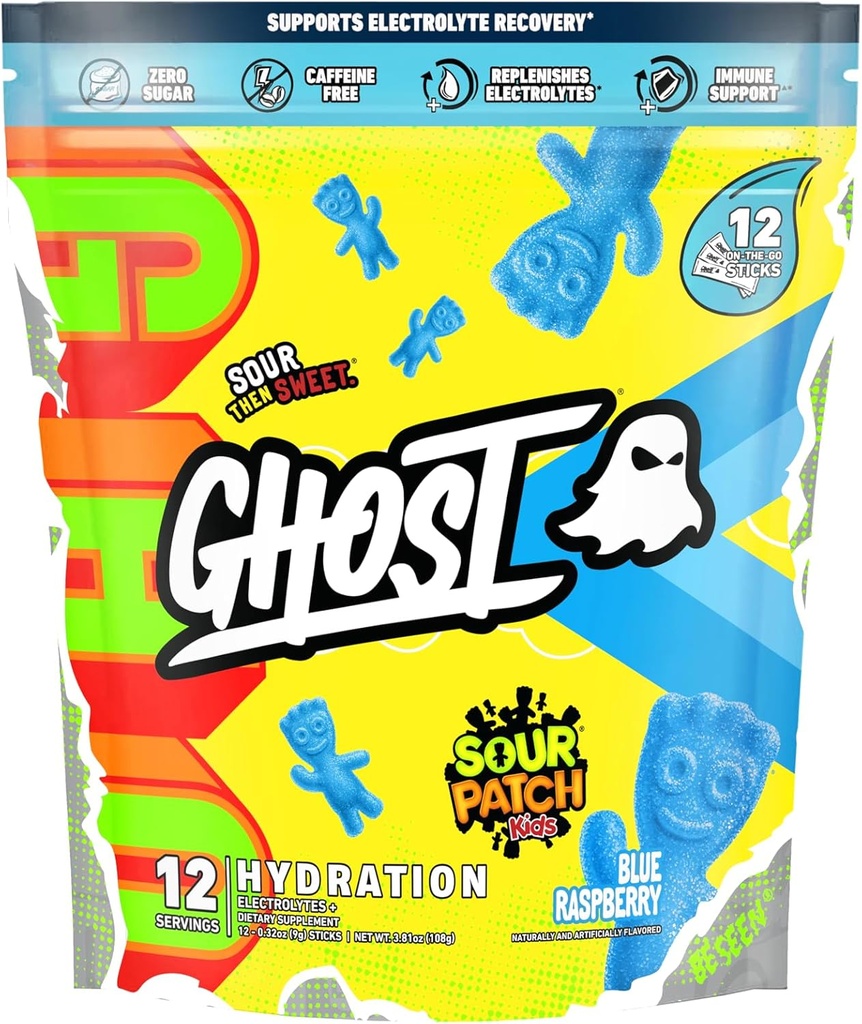 GHOST Hydration Pakninger, Sour Patch Kids Blå Hindbær, 12 sticks, Electrolyte Powder - Drik mix supplement med Magnesium, Kalium, Calcium, C-vitamin - Vegan, fri for soja, Sukker & Gluten