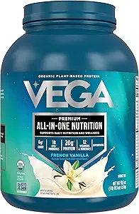 Vega All in One Nutrition Organic - 20g Plant- Based Pea Protein, Fransk Vanilla, 43 Servering, Vitaminer A & C, Probiotika, Grønne, Vegan, Keto, Gluten Free, 3.63lbs (Packaging May Vary)