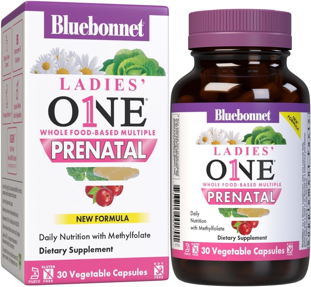 BlueBonnet Nutrition Ladies 'One Prenatal Whole Food- Based Multiple, Daily Nutrition *, Prenatal & Postnatal Health *, Non- GMO, Kosher, Gluten- Free, Soy- Free, 30 Vegetabilske kapsler, 30 Servering
