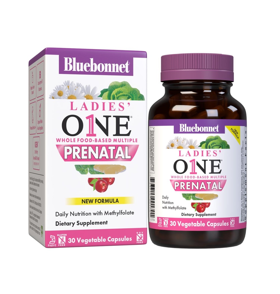 BlueBonnet Nutrition Ladies 'One Prenatal Whole Food- Based Multiple, Daily Nutrition *, Prenatal & Postnatal Health *, Non- GMO, Kosher, Gluten- Free, Soy- Free, 30 Vegetabilske kapsler, 30 Servering