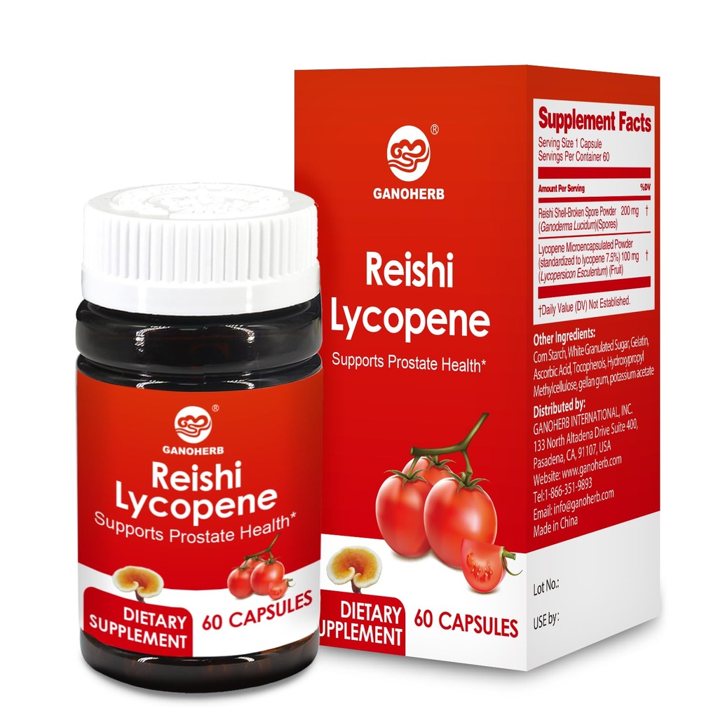 Lycopene Supplement 100mg, Natural Tomato Extract with Reishi Mushroom 200mg, Mushroom Capsule for immun Health, Gluten- Free, Non- GMO, Vegan, 60 Rapid Release Capsules