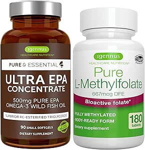 Ultra Pure EPA + Pure Folate 400mcg Bundle, 500 mg Omega-3 EPA Wild Fish Oil + optimeret L- methylfolat, af Igennus