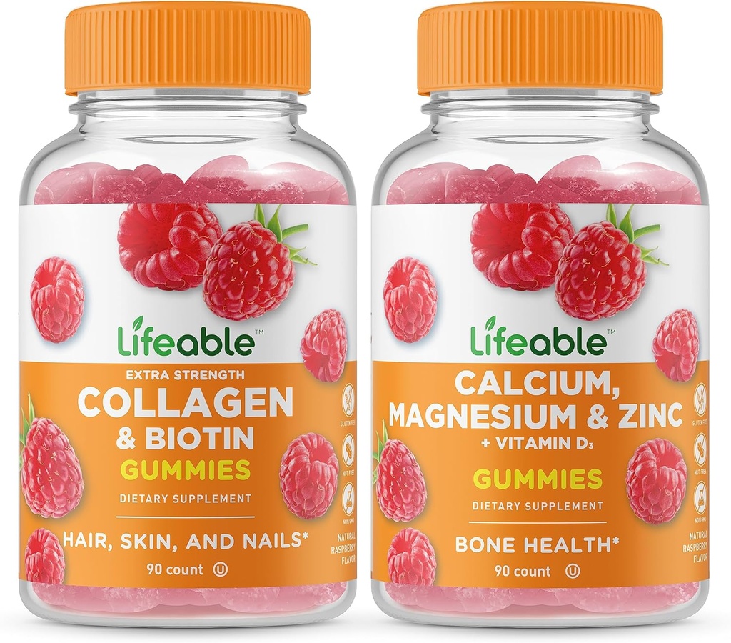 Livlig Collagen & Biotin + Calcium, Magnesium, Zink & Vitamin D, Gummies Bundle - Great Tasting, Vitamin Supplement, Gluten fri, GMO fri, Chewable Gummy