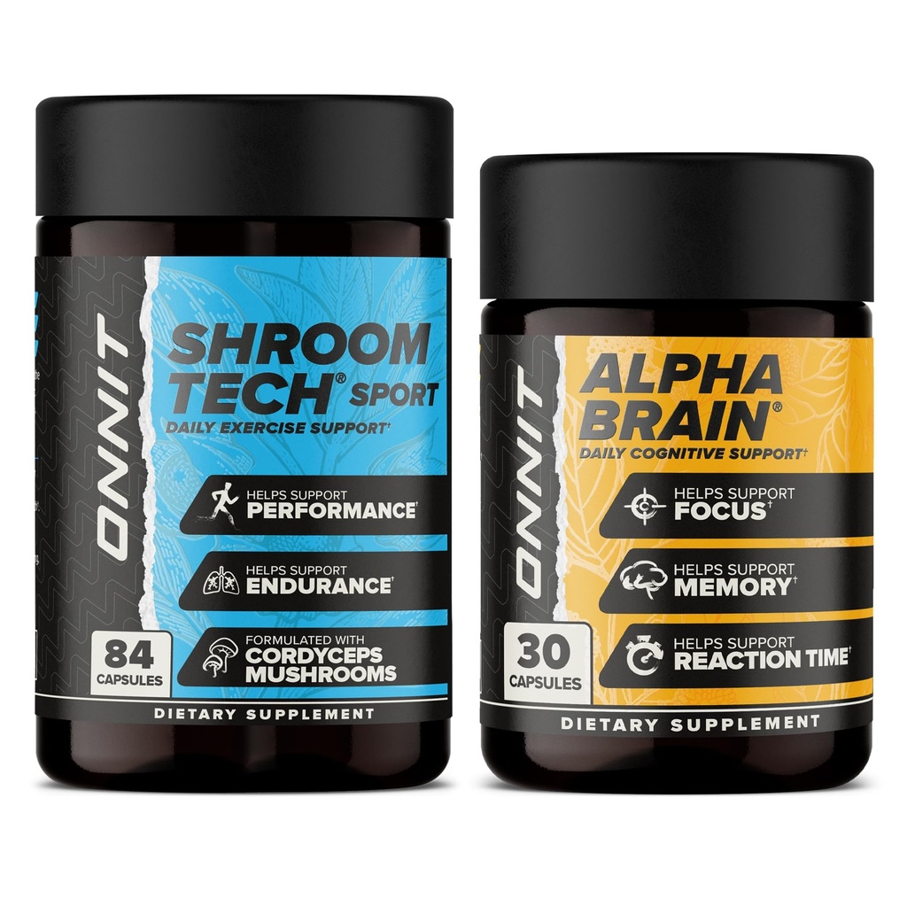 ONNIT Premium Alpha Brain Bundle - Nootrop Brain Supplement (30 Greve) for fokus, koncentration og hukommelse + Shroom Tech Sport til motion, energi & Kardiovaskulær ydeevne (84 Greve)