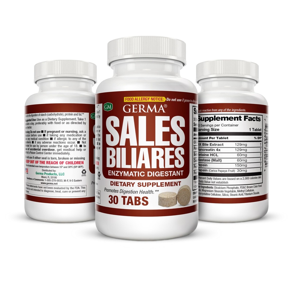 Germa Bile Salts Natural Dietary Supplement, til Leverstøtte / Salg Biliares Suplemento Dietetico Natural, Ayuda Higado 30 Tabs