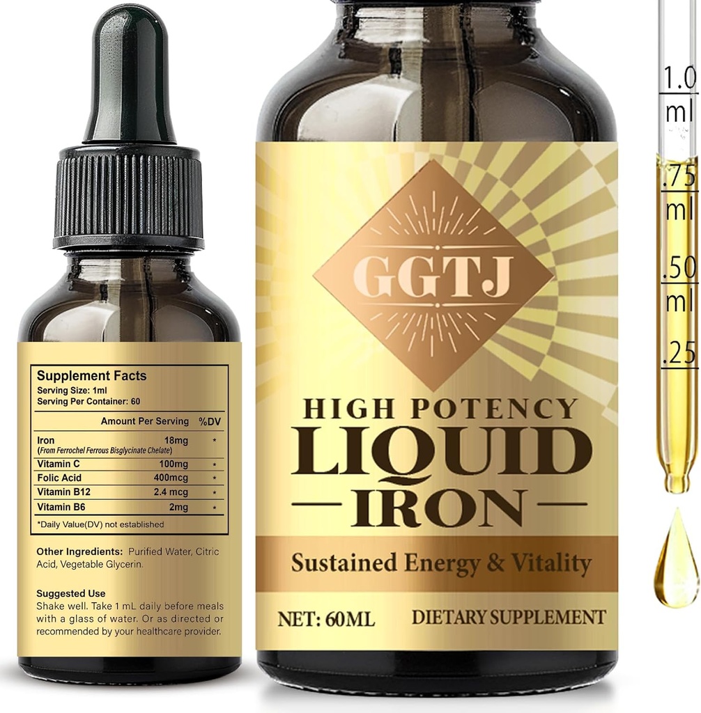 Jerndråber til kvinder, Jerntilskud til kvinder & mænd, Iron Vitamin til anæmi & immunforsvar, Vegan, 2 Fl Oz