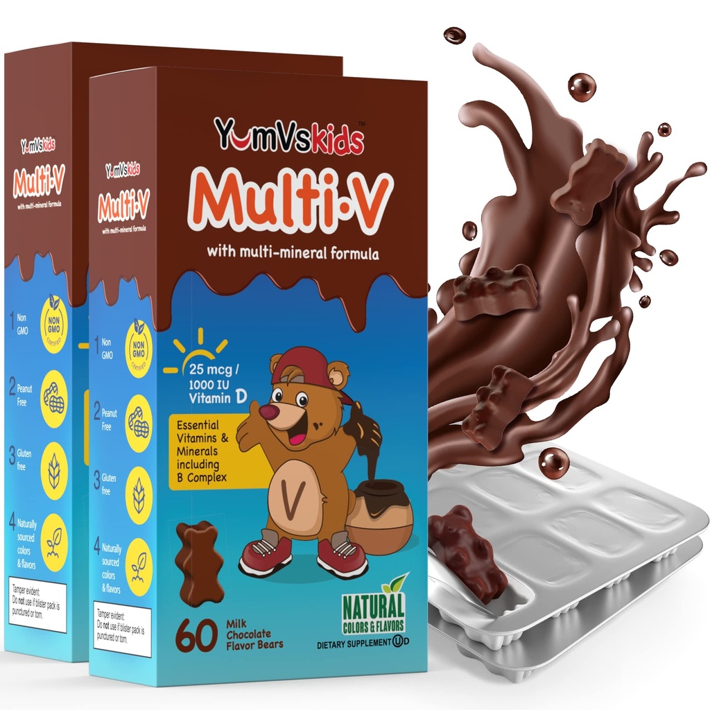 YUM- V 'S - Kids Multivitamin Chewable Chocolate Bears - Multivitamin for børn Supplement - 16 Vitamin & Mineraler - Vitamin herunder D, Zink, C, B Complex & mere, 60 Greve (Pack of 2)