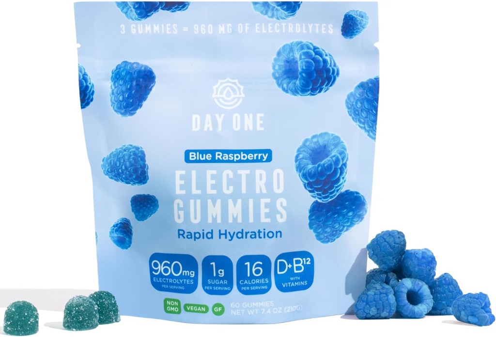 Dag 1 ElectroGummies - Electrolyte Hydration Gummies - Ideel til Boost Hydration & Energy - Supplement til Post & Pre Workout - for mænd, kvinder, børn - Blå Raspberry Flavored - 60 Gummies