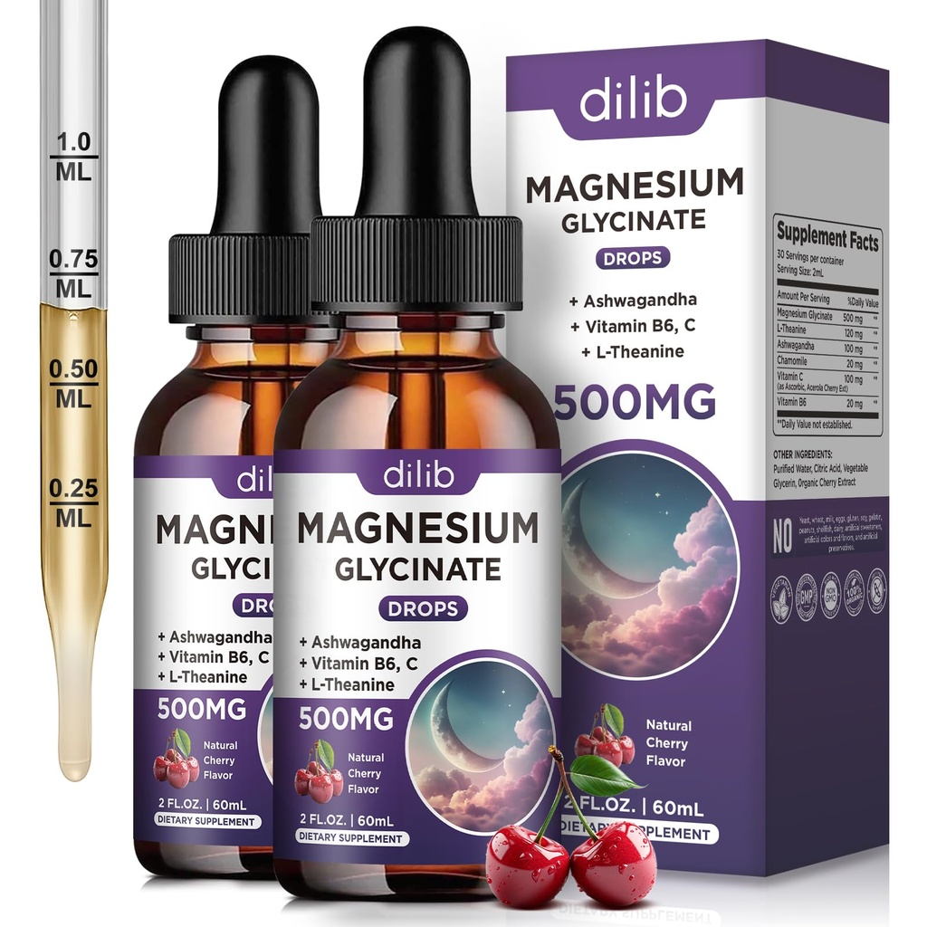 (2 Pack) Magnesium Glycinate Liquid Drops 500mg, with Vitamin B6, Ashwagandha, L - Theanin, Kamille, Magnesium Glycinate Supplement High Absorption for Sleep, Stress, Energy Mood - Cherry Flavor