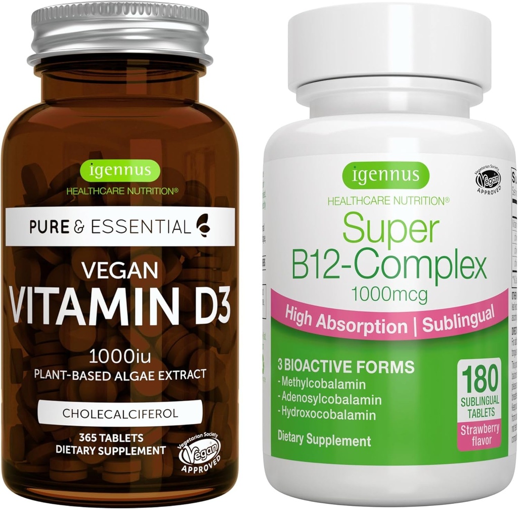 Vegansk vitamin D3 + Super B12- Complex, Vegansk Bundle, 365 1000iu vitamin D3 tabletter + høj Absorption Sublingual B12, ved Igennus