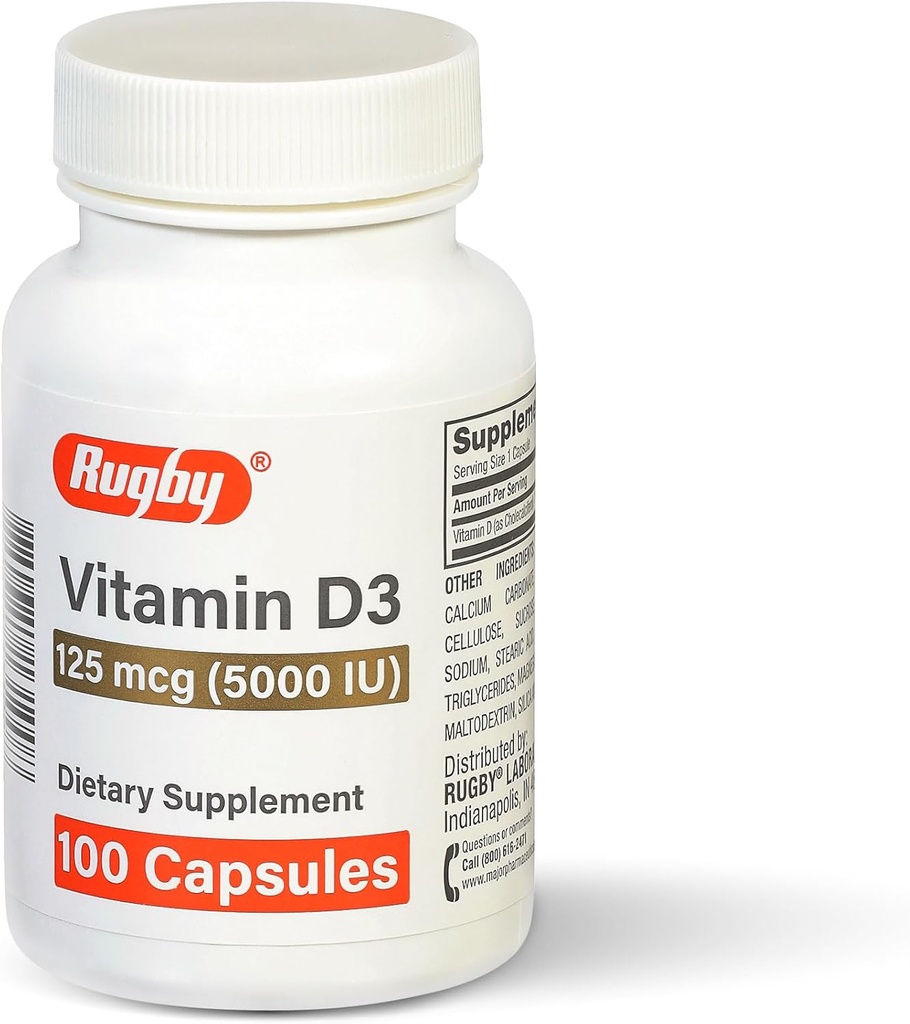 Rugby Vitamin D3 5,000 IU (125 mcg) - Vitamin D Dietary Supplement for Bone, Teeth, and Immune Health, 100 Capsules