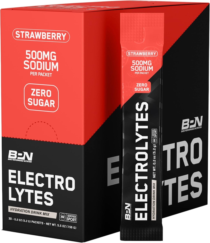 BARE PERFORMANCE NUTRITION BPN Electrolytes Go Packs Hydration Drink Mix | Sugar Free Electrolyte Powder | 500mg Sodium per Serving | Naturally Sweetened | Strawberry 30 Servings