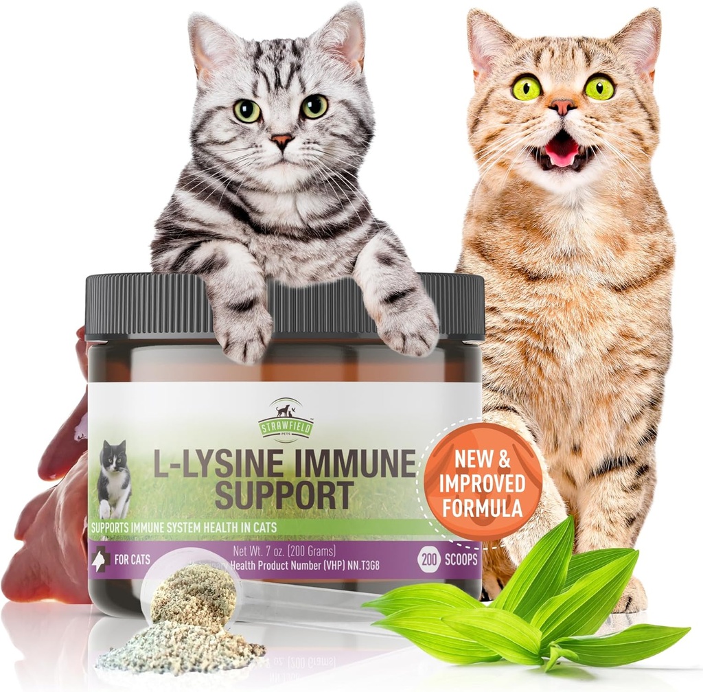 Strawfield Kæledyr L- Lysin immunforsvar støtte til katte & killinger - 200g kylling lever flavor Granulater med Scoop, immunsundhed supplement Kat kold Relief, nysen, Congestion, Running Nose, Watery Eyes