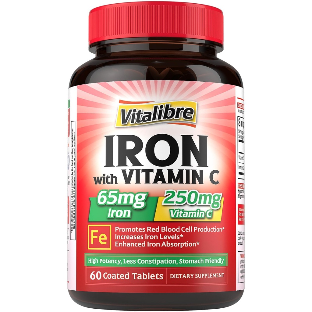 Jern supplement, 65mg Carbonyl Jern med 250 mg vitamin C, Mave venlige jernpiller til blod bygning Kvinder & Mænd, Høj Absorption, Ingen kvalme, Ingen obstipation, Non- GMO, Ingen gluten, 60 Vegan Tabs