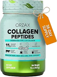ORZAX Collagen Peptider Powder - 11 g Collagen Type I & III, Biotin & Hyaluronsyre, 16 oz (Ikke aromatiseret)