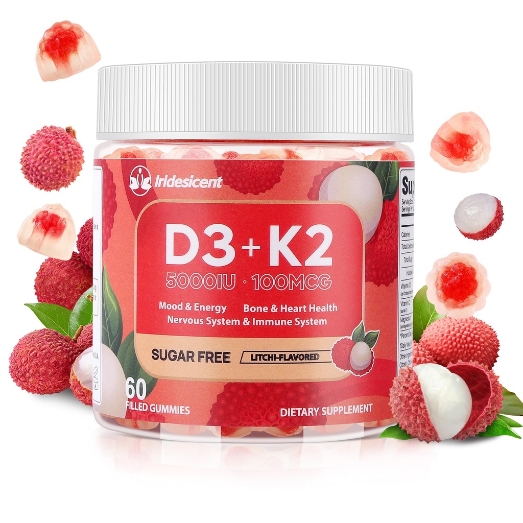 Vitamin D3 K2 Gummies w / Magnesium Sugar Free - 60 Count Name 124; D3 Vitamin 5000 IE + K2 (MK- 7) 100 mcg - Vegan K2 D3 Vitamin Supplement, stærkt Absorbent Supports Bone, Muscle, Mood & immun (Lychee Flavor)