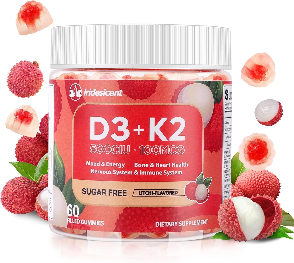 Vitamin D3 K2 Gummies w / Magnesium Sugar Free - 60 Count Name 124; D3 Vitamin 5000 IE + K2 (MK- 7) 100 mcg - Vegan K2 D3 Vitamin Supplement, stærkt Absorbent Supports Bone, Muscle, Mood & immun (Lychee Flavor)