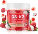 Vitamin D3 K2 Gummies w / Magnesium Sugar Free - 60 Count Name 124; D3 Vitamin 5000 IE + K2 (MK- 7) 100 mcg - Vegan K2 D3 Vitamin Supplement, stærkt Absorbent Supports Bone, Muscle, Mood & immun (Lychee Flavor)