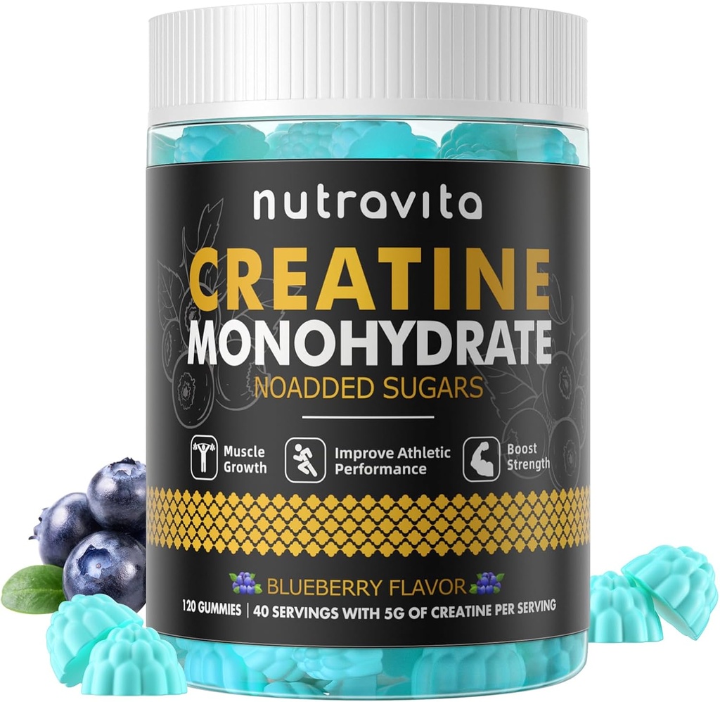 Nutravita Creatine Monohydrate Gummies for Mænd & Women- 5g Creatine Monohydrat per servering - Sukker fri, Vegan, Blåbær Flavor, 120 Greve